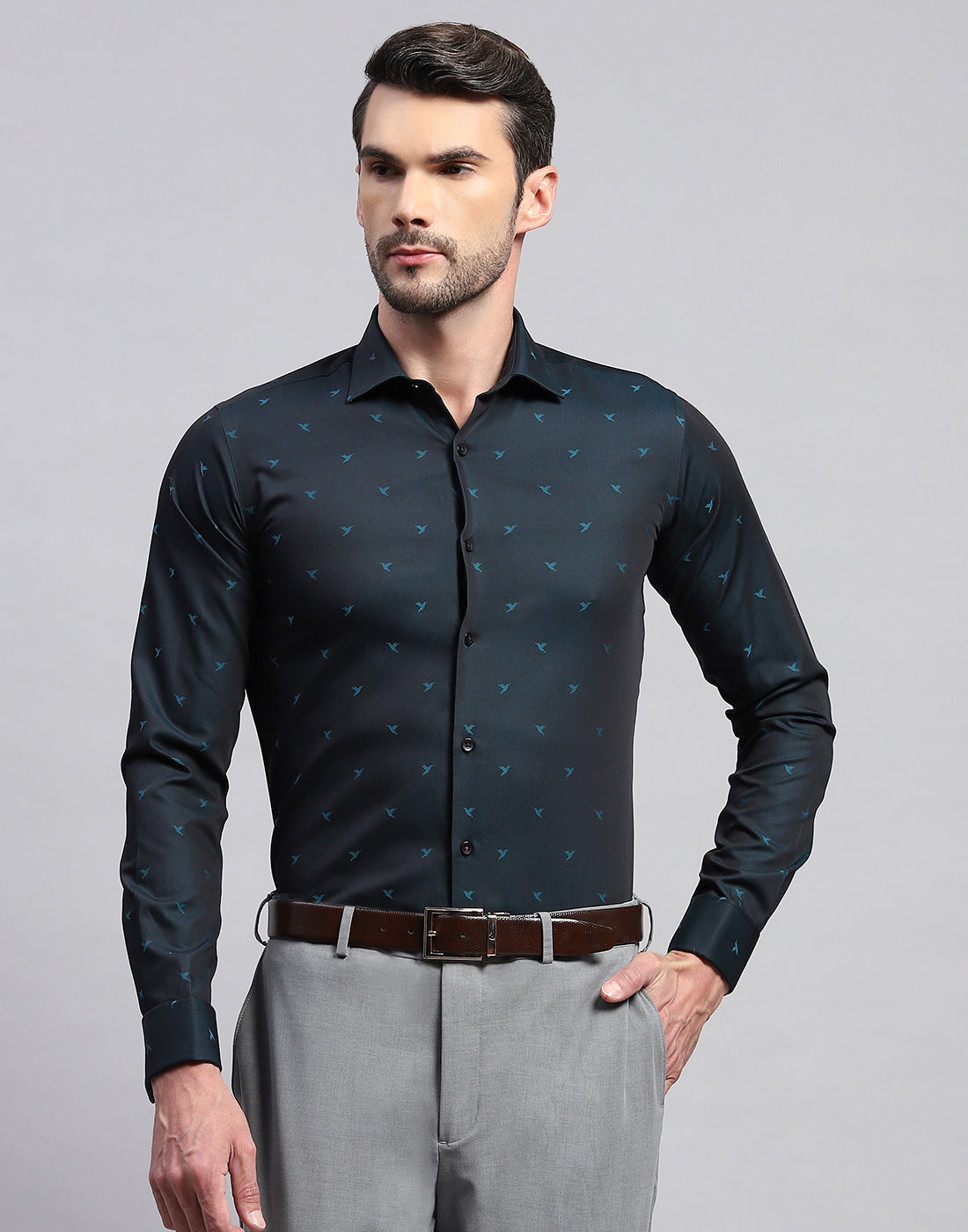 Men Navy Blue Printed Collar Neck Full Sleeve Shirt
