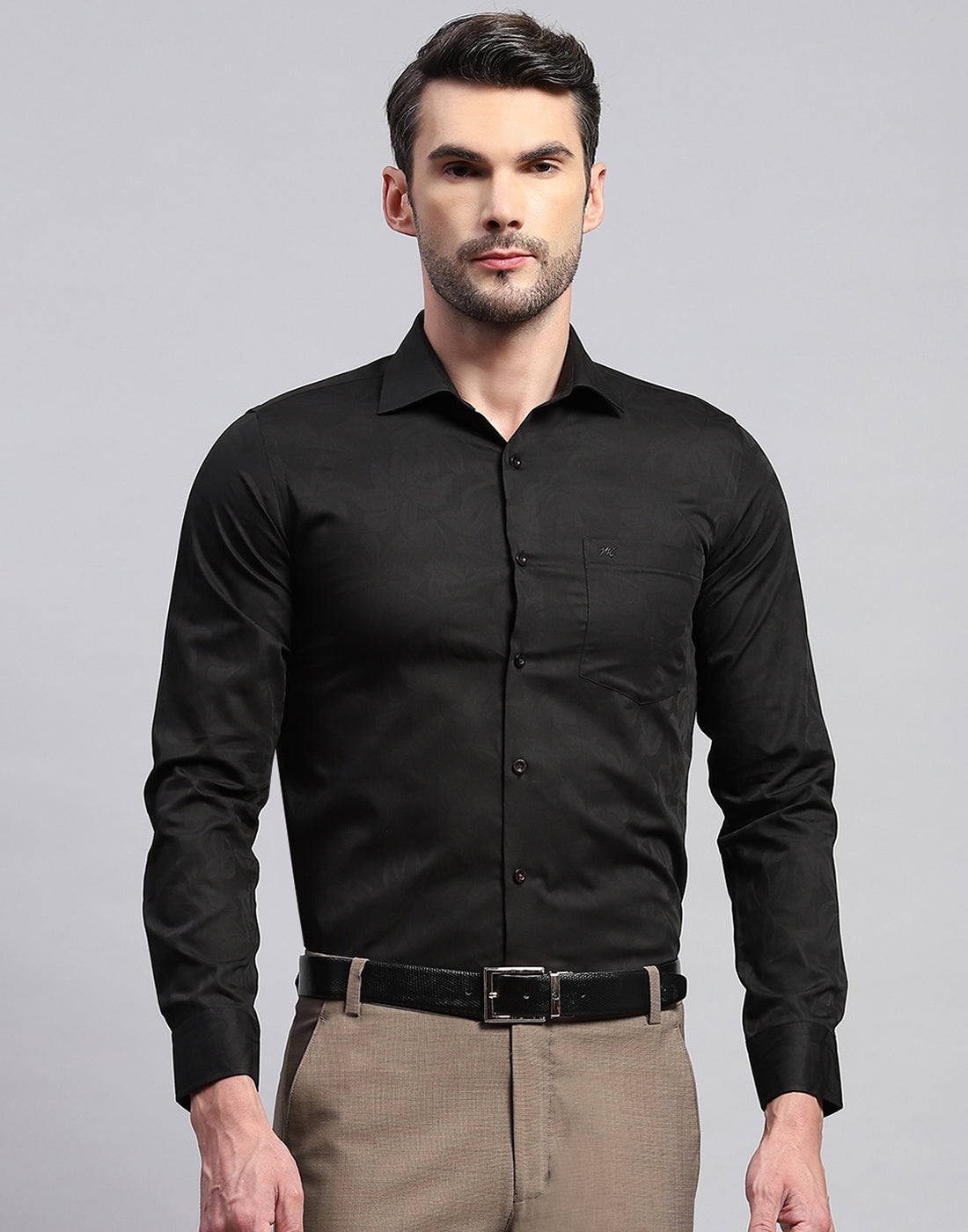 Men Black Floral Print Collar Neck Full Sleeve Shirt