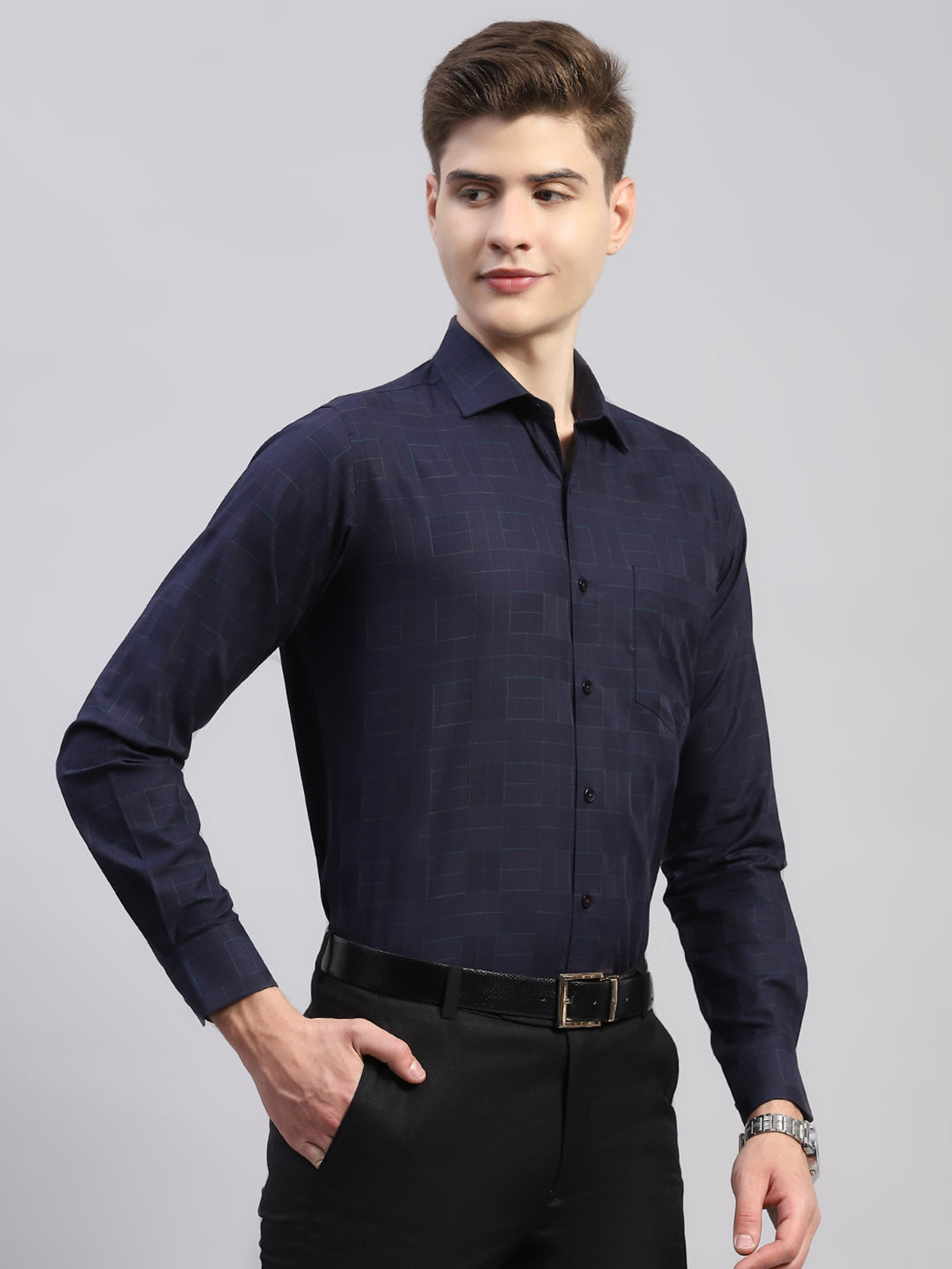 Luxuria Men Navy Blue Self Design Collar Full Sleeve Shirt