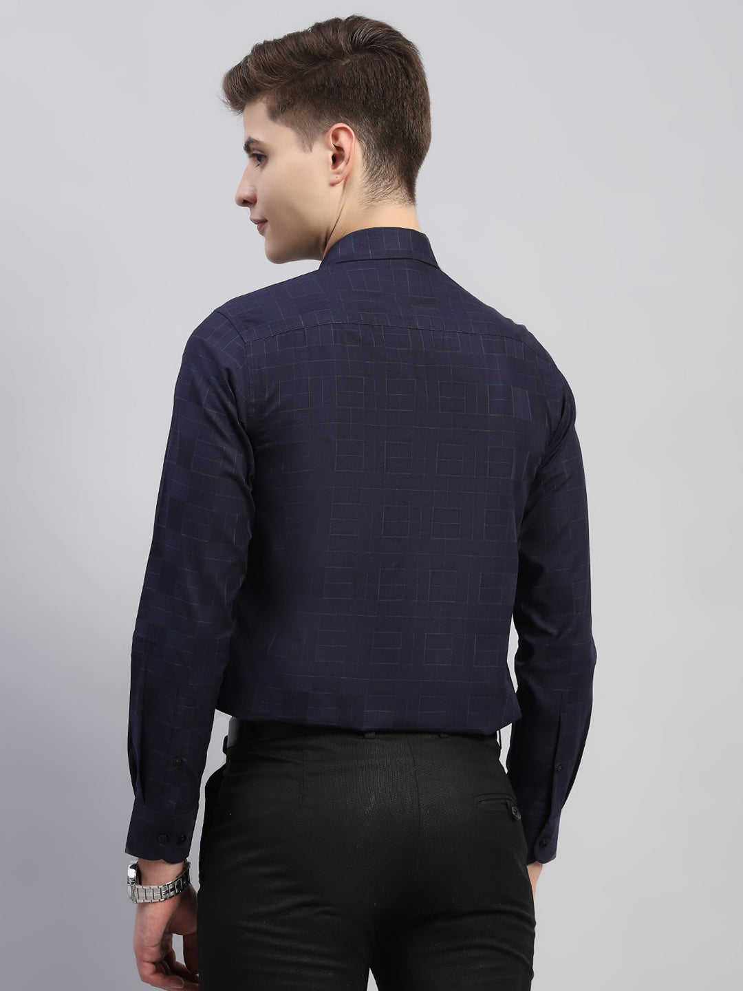 Luxuria Men Navy Blue Self Design Collar Full Sleeve Shirt