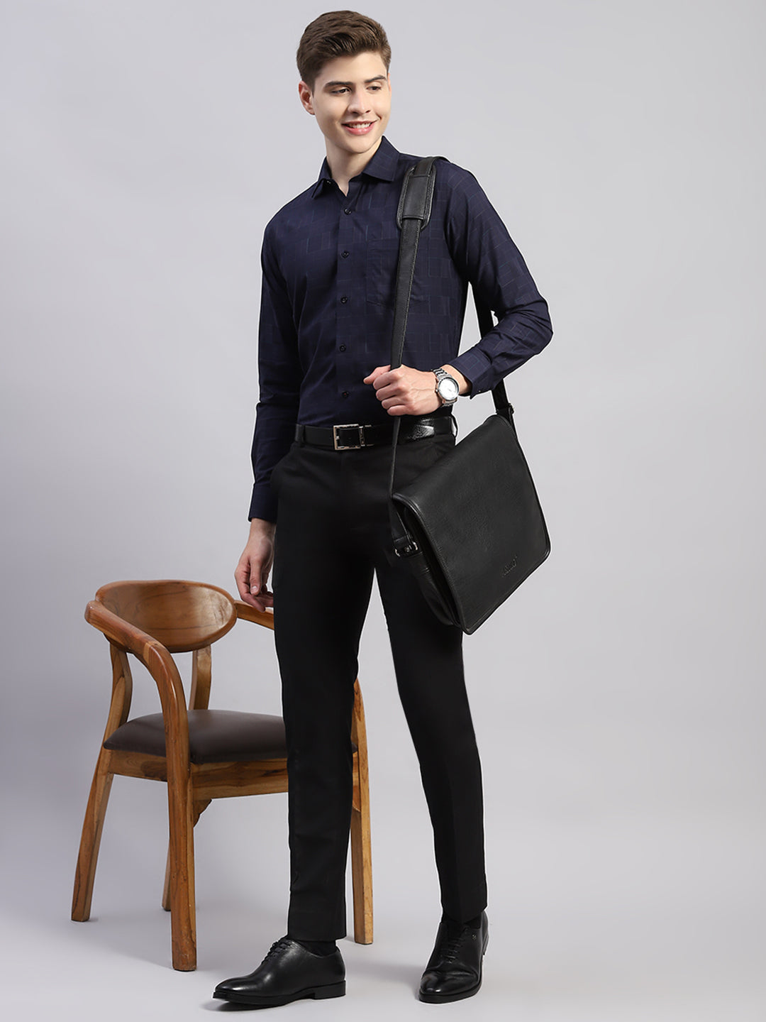 Luxuria Men Navy Blue Self Design Collar Full Sleeve Shirt
