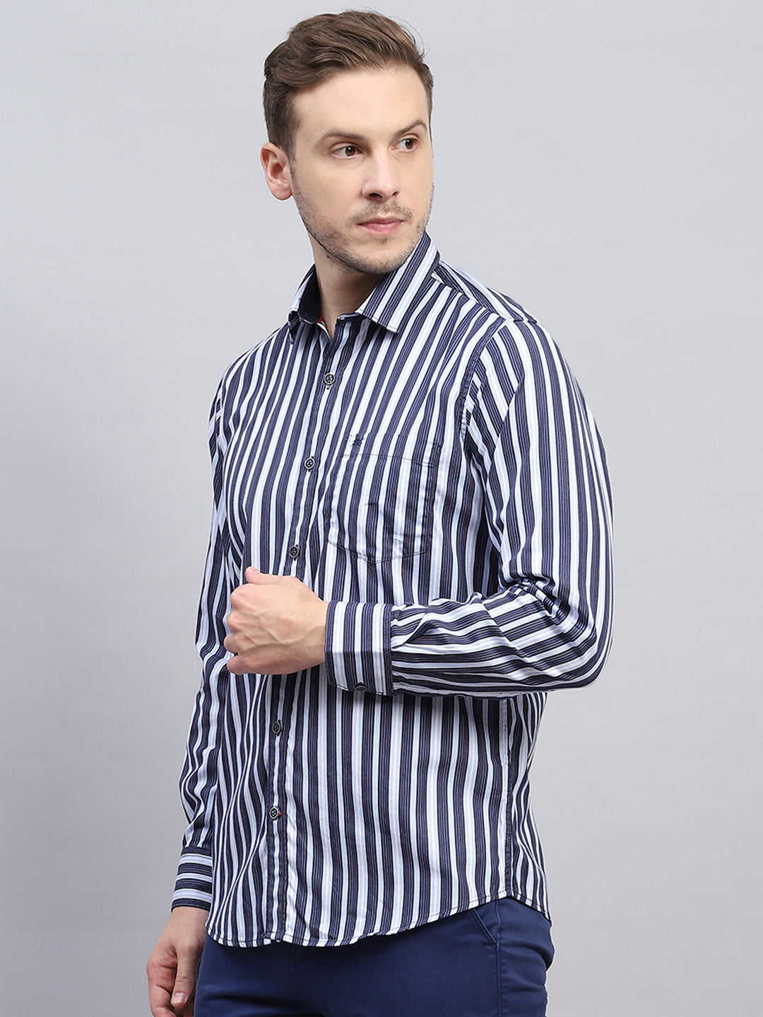 Men Navy Blue Stripe Collar Full Sleeve Shirt