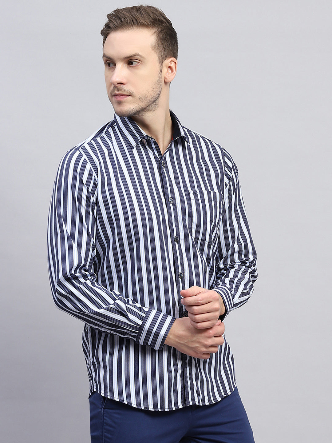 Men Navy Blue Stripe Collar Full Sleeve Shirt