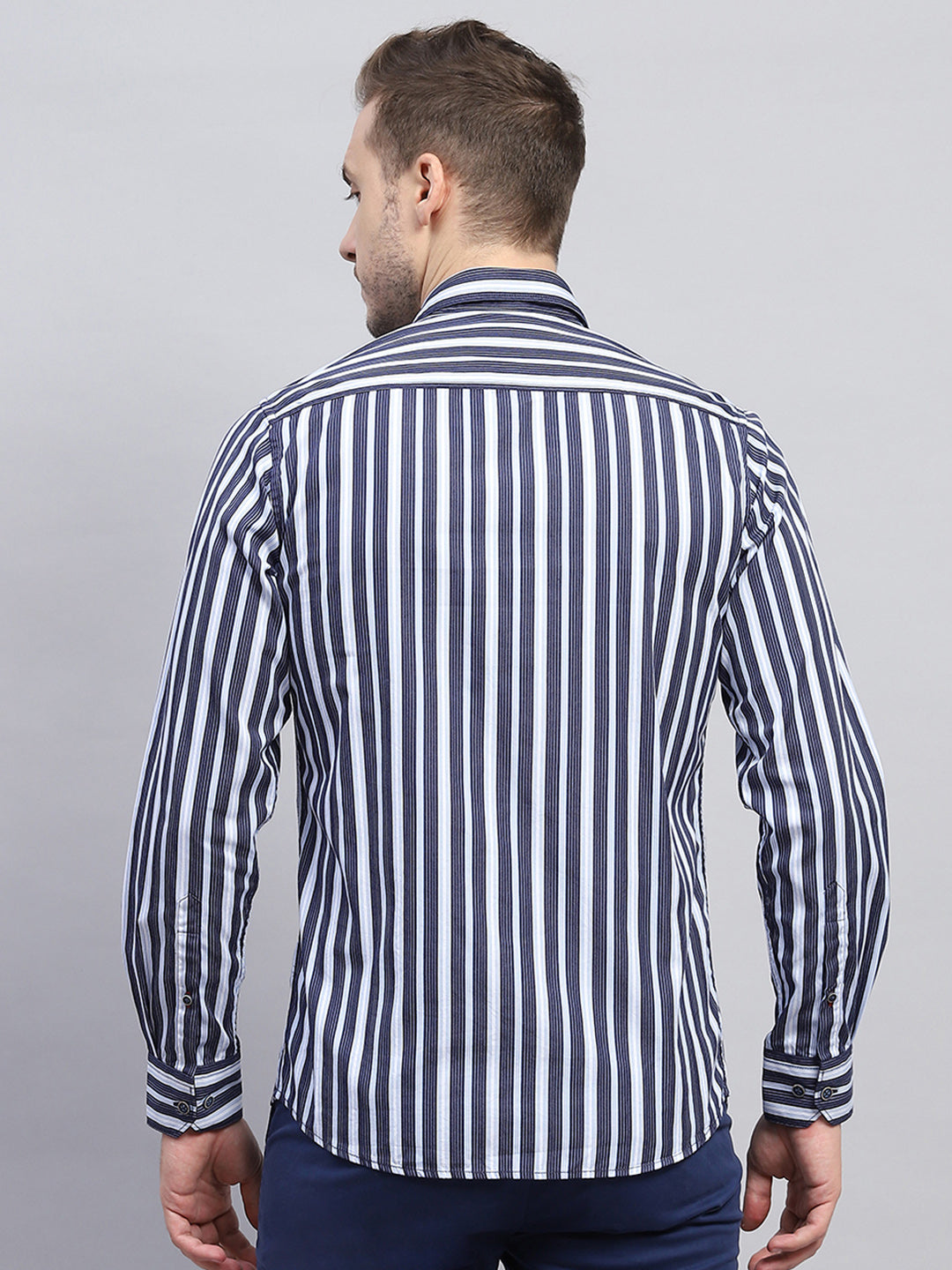 Men Navy Blue Stripe Collar Full Sleeve Shirt