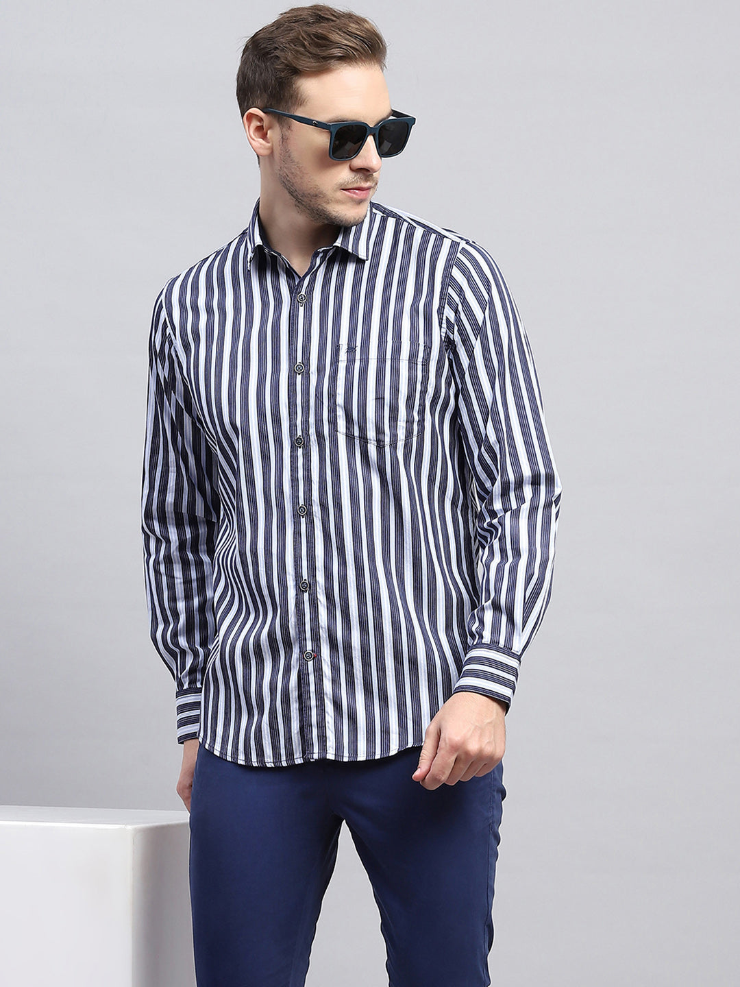 Men Navy Blue Stripe Collar Full Sleeve Shirt
