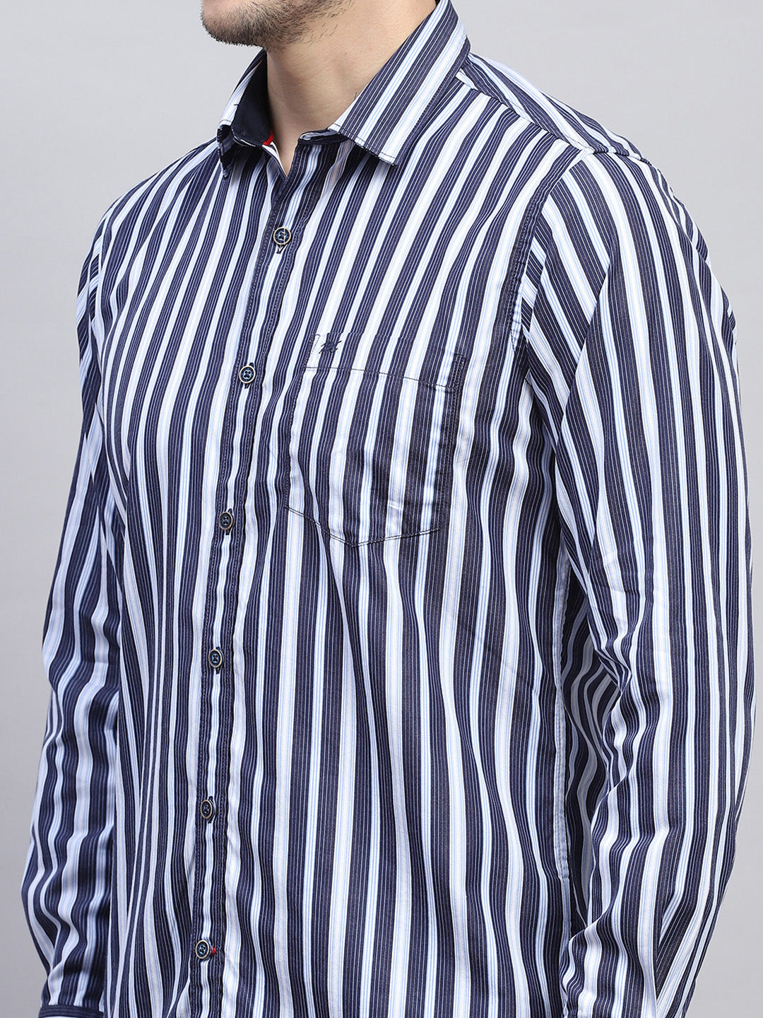 Men Navy Blue Stripe Collar Full Sleeve Shirt