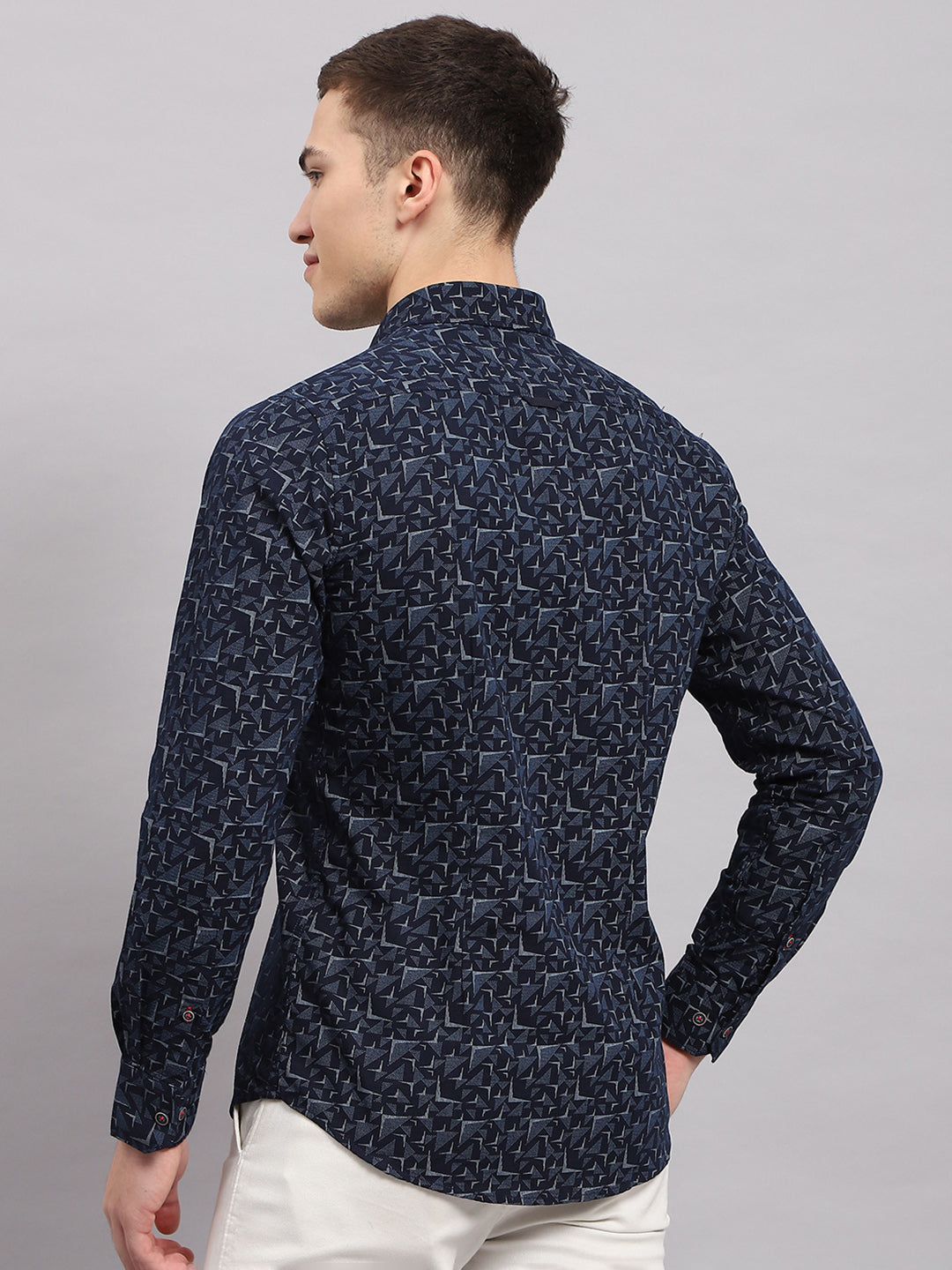 Men Navy Blue Printed Collar Full Sleeve Shirt