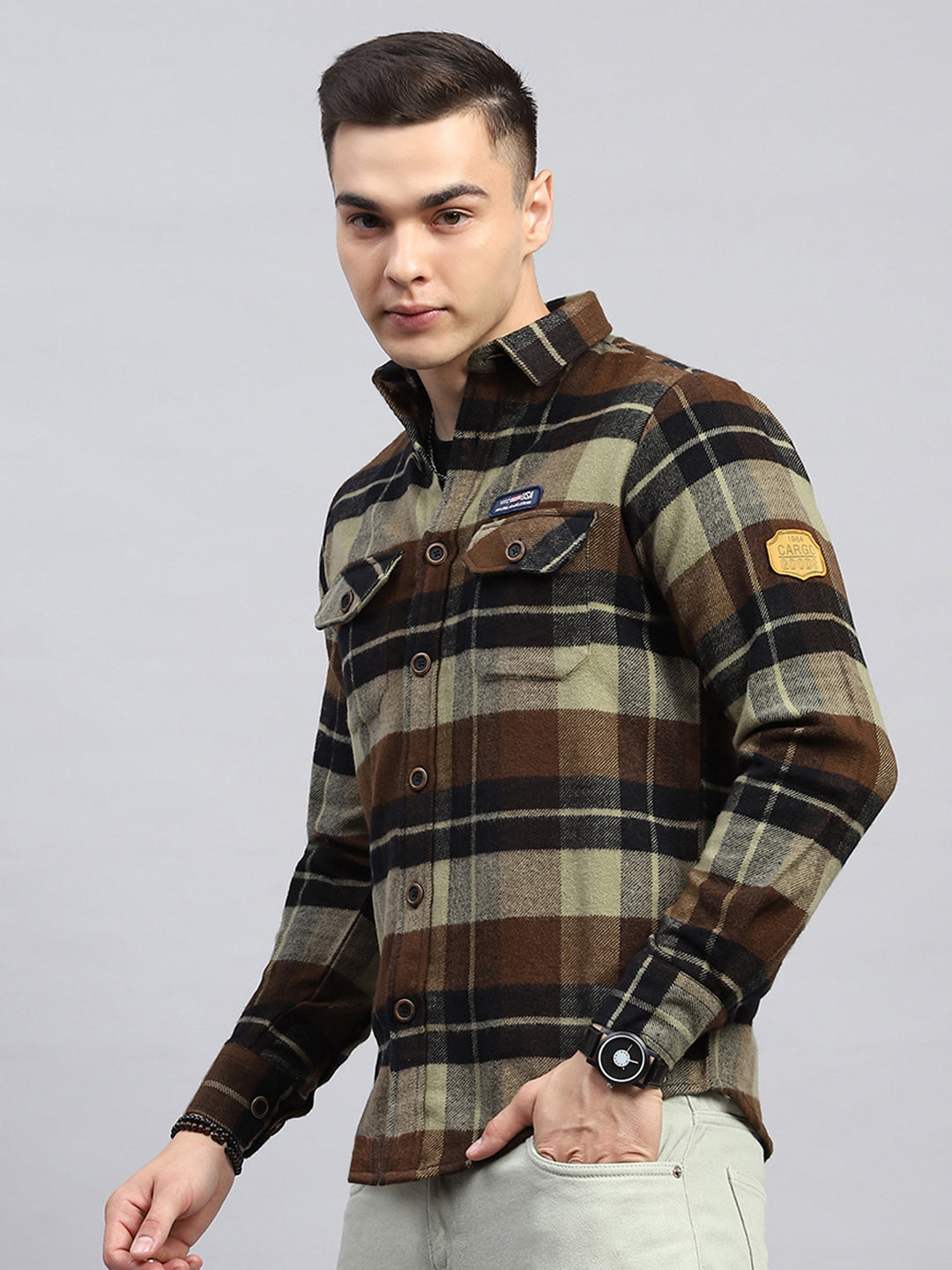 Men Brown Check Collar Full Sleeve Shirt