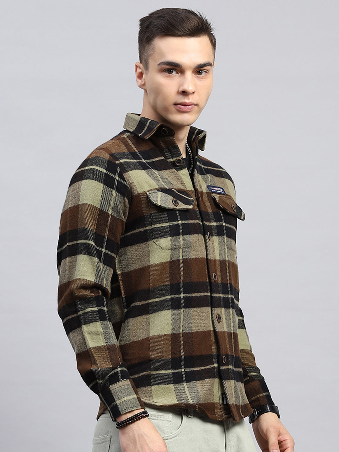 Men Brown Check Collar Full Sleeve Shirt