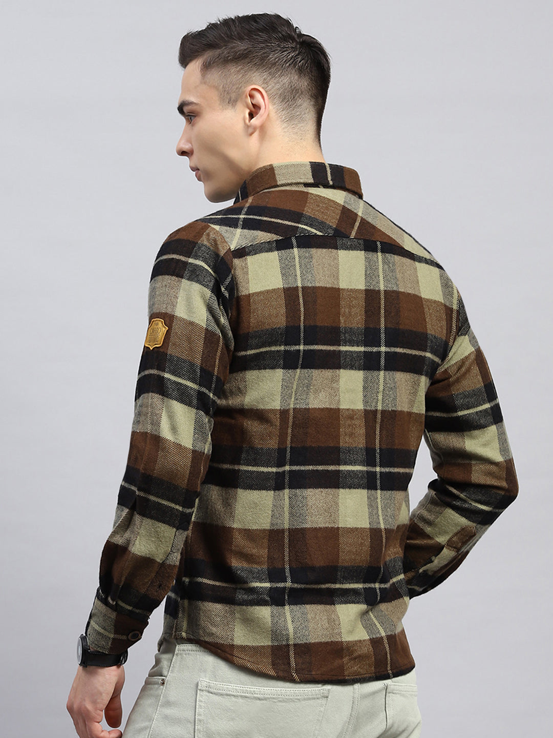 Men Brown Check Collar Full Sleeve Shirt