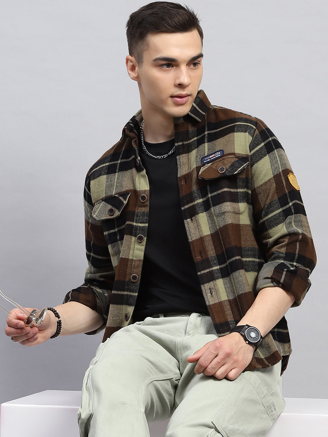 Men Brown Check Collar Full Sleeve Shirt