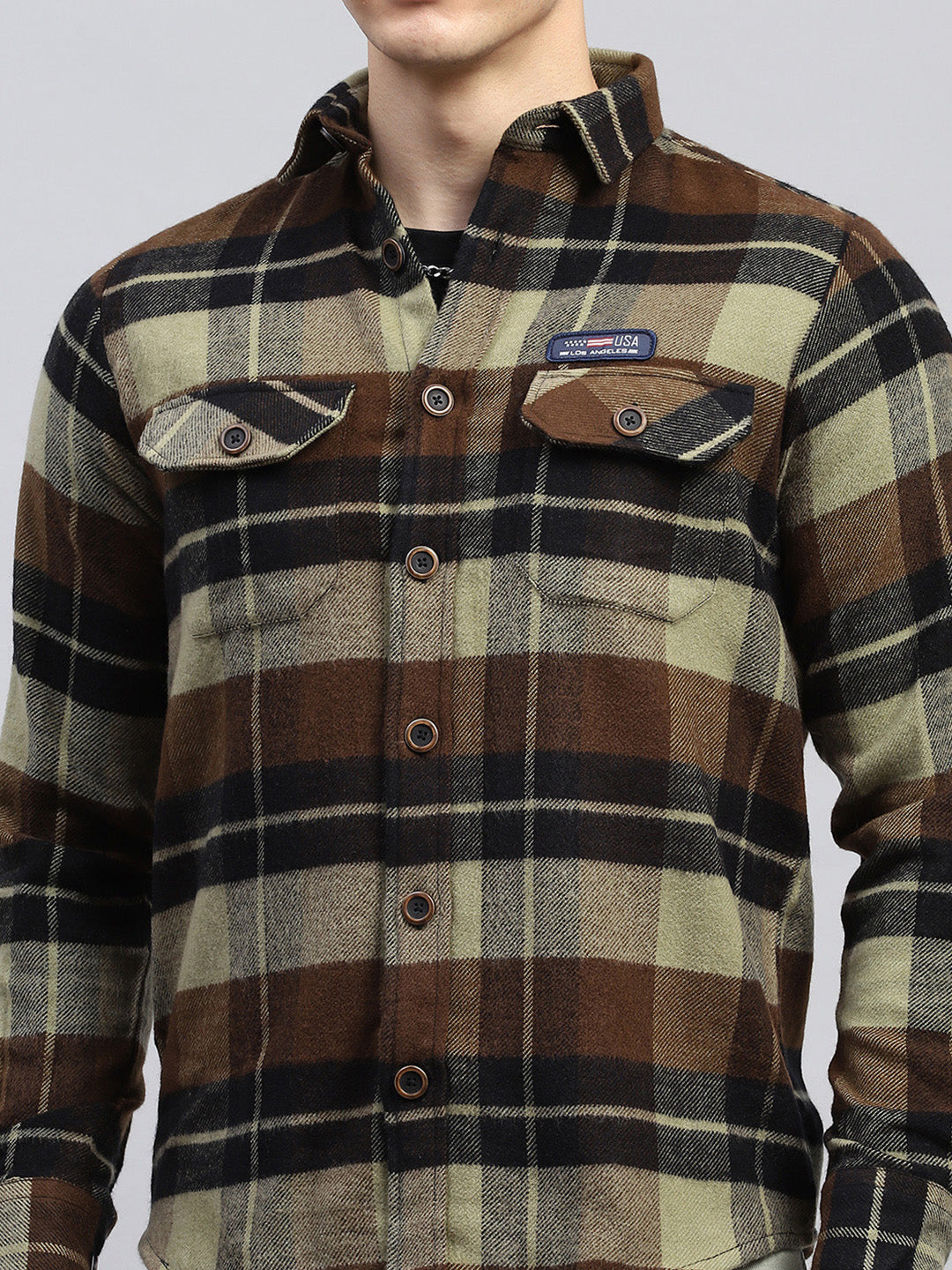 Men Brown Check Collar Full Sleeve Shirt