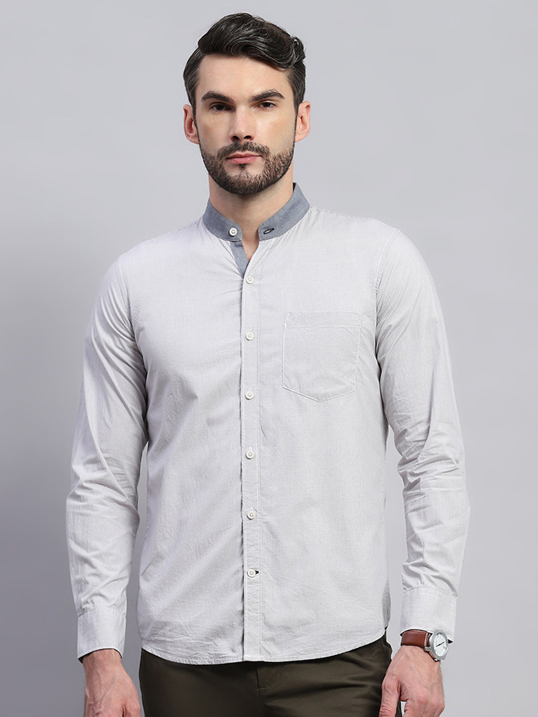 Men Grey Solid Band Collar Full Sleeve Shirt
