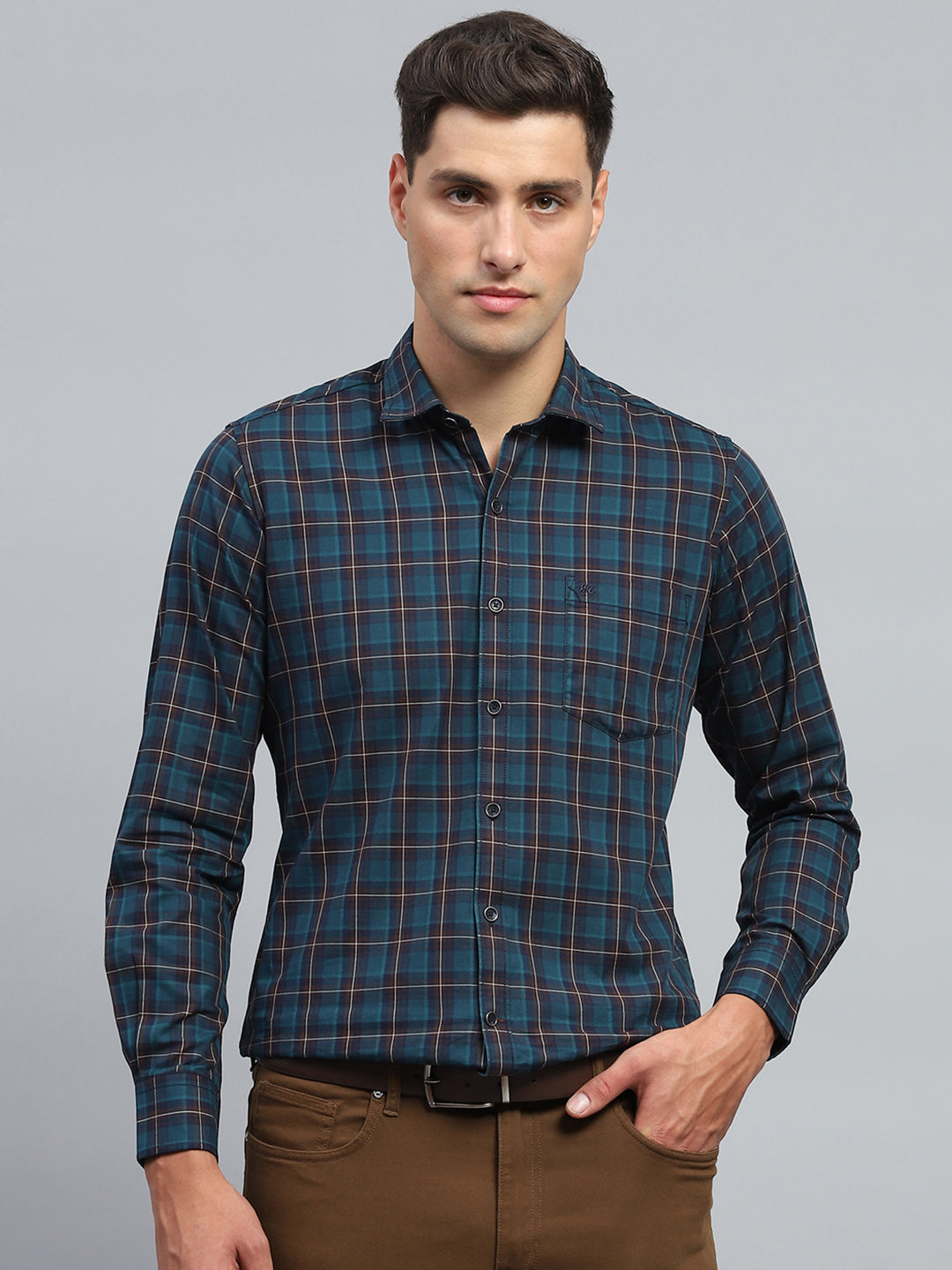 Buy Men Teal Blue Check Collar Full Sleeve Shirt Online in India ...
