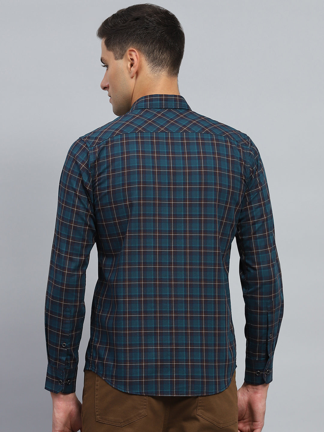 Men Teal Blue Check Collar Full Sleeve Shirt