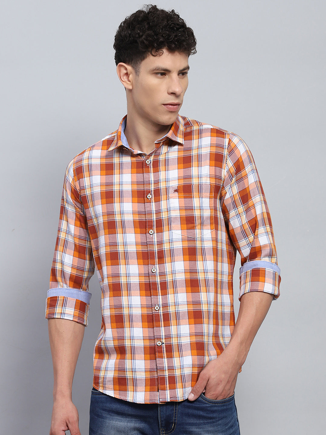 Men Orange Check Collar Full Sleeve Shirt