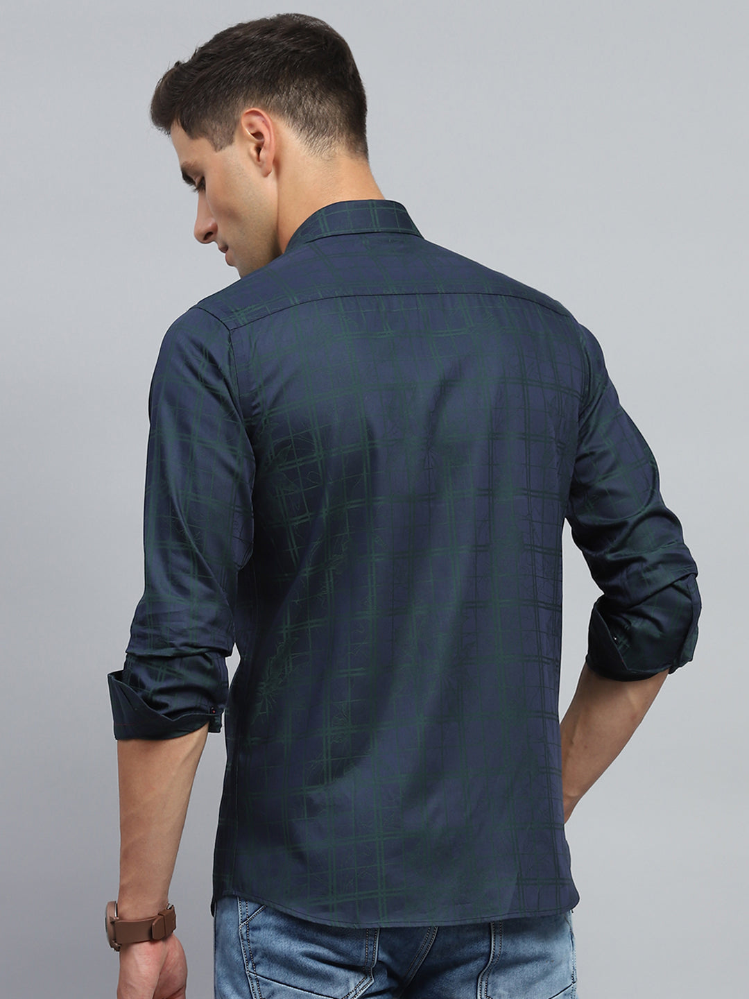 Luxuria Men Navy Blue Check Collar Full Sleeve Shirt