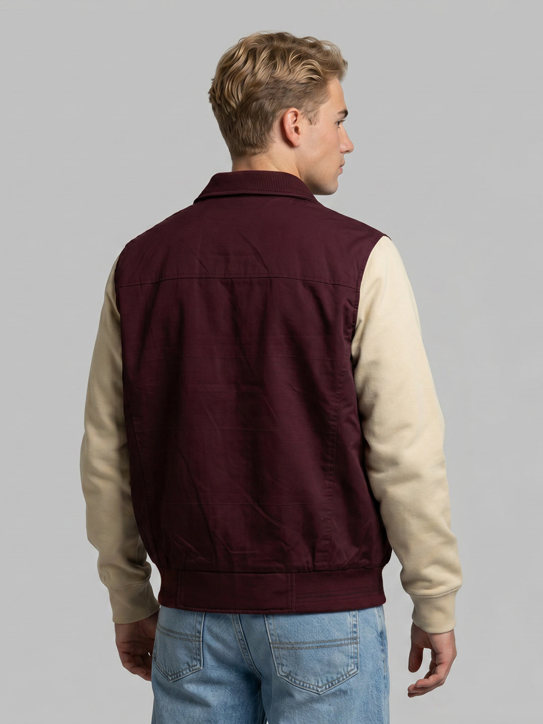 Men Maroon Solid Stand Collar Sleeveless Jacket