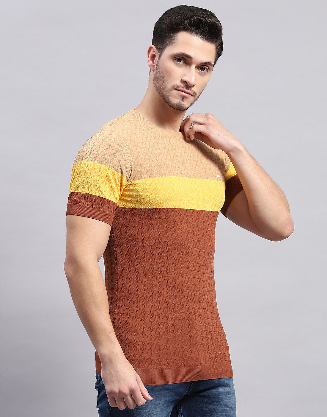 Men Rust Stripe Round Neck Half Sleeve T-Shirt