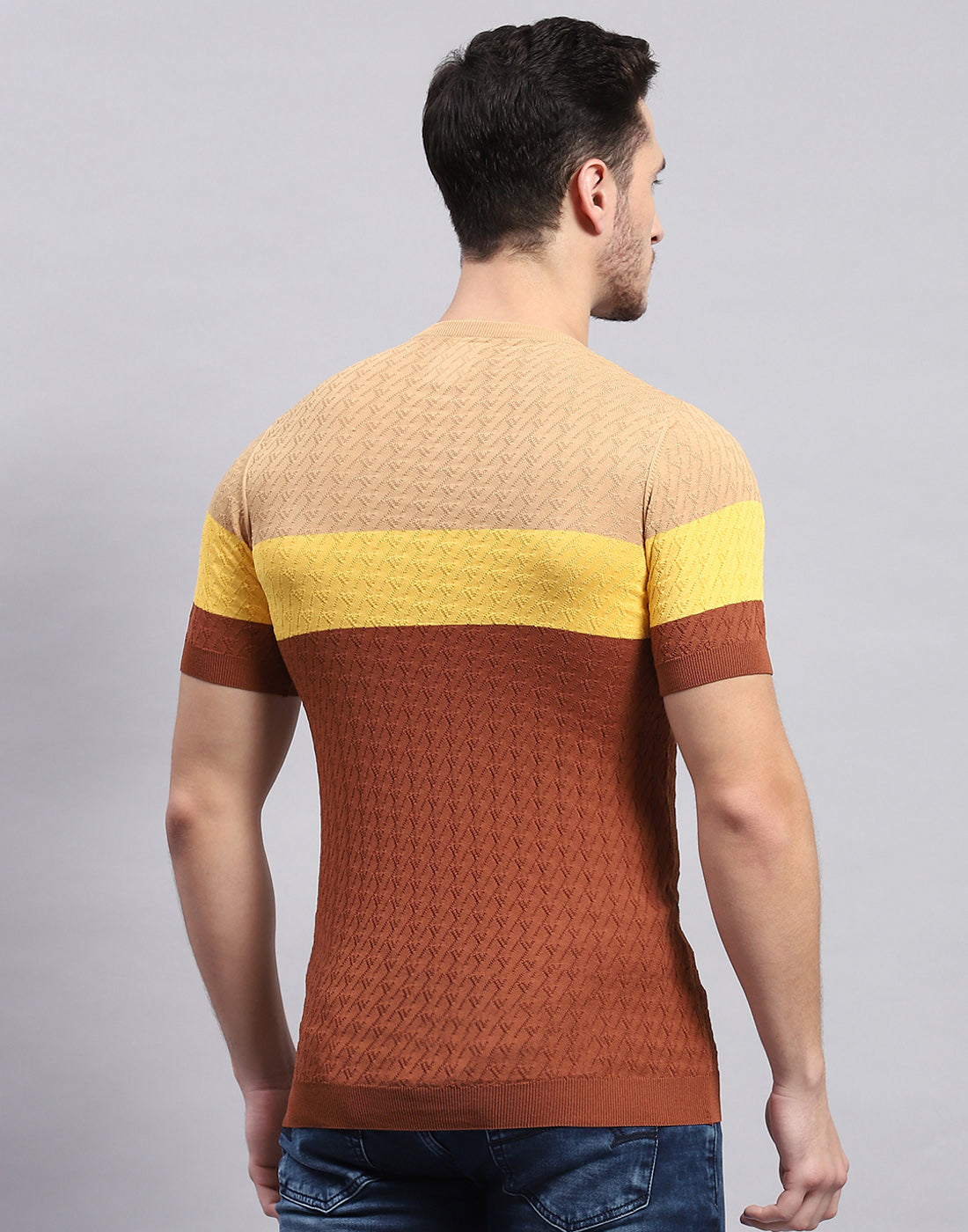 Men Rust Stripe Round Neck Half Sleeve T-Shirt