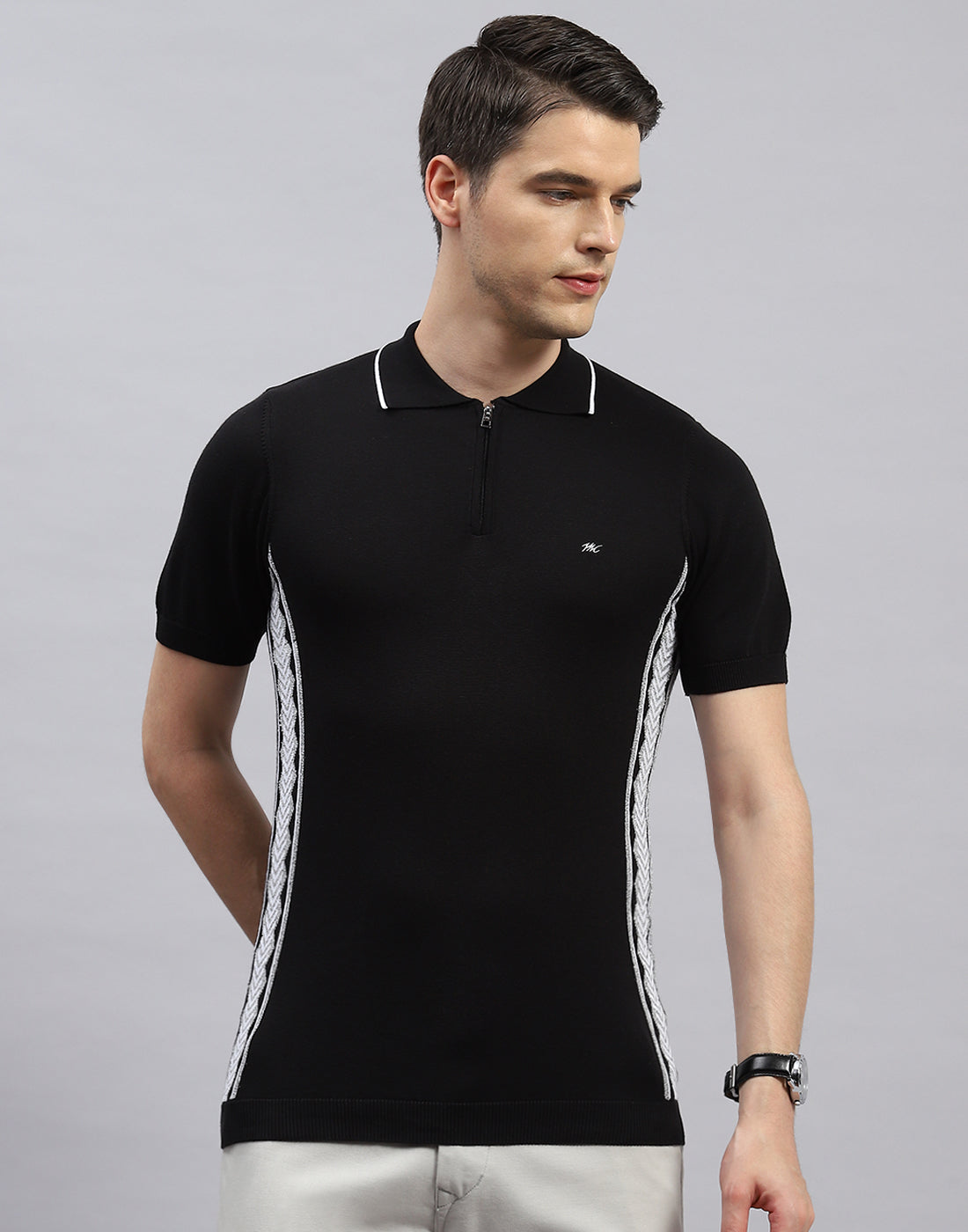 Men Black Printed Polo Collar Half Sleeve T-Shirt