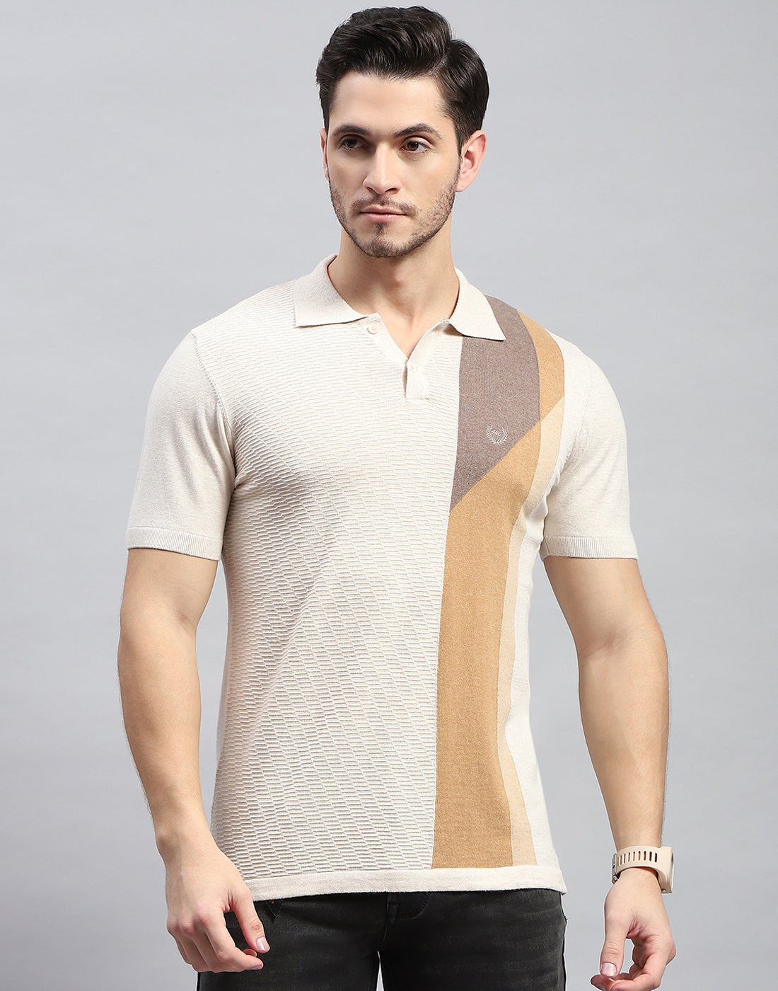 Men Beige Stripe Polo Collar Half Sleeve T-Shirt