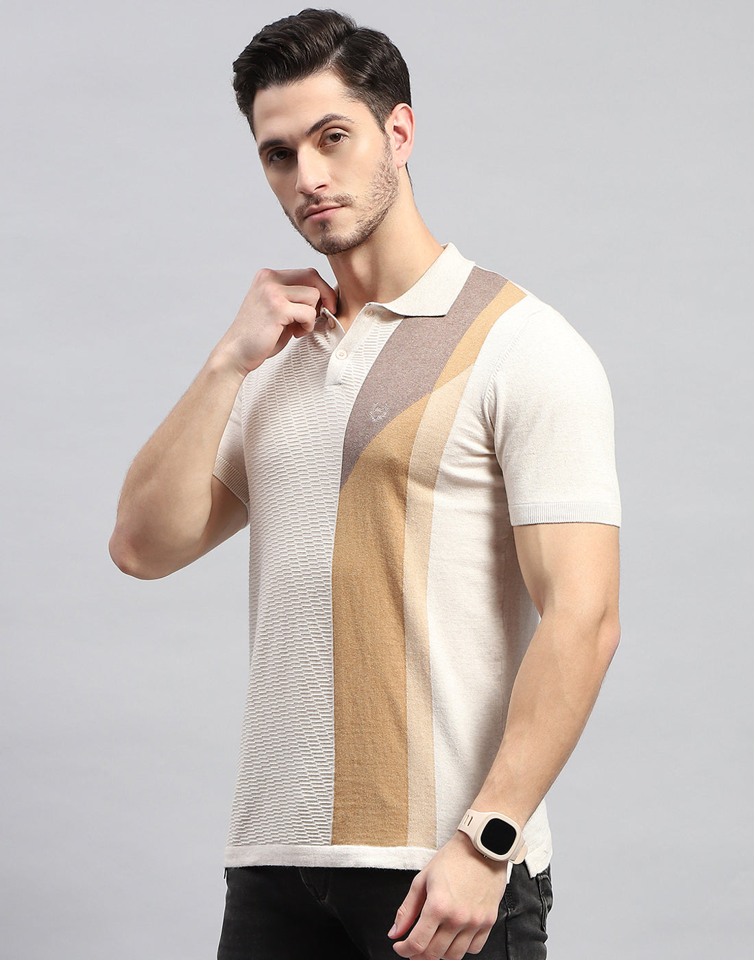 Men Beige Stripe Polo Collar Half Sleeve T-Shirt