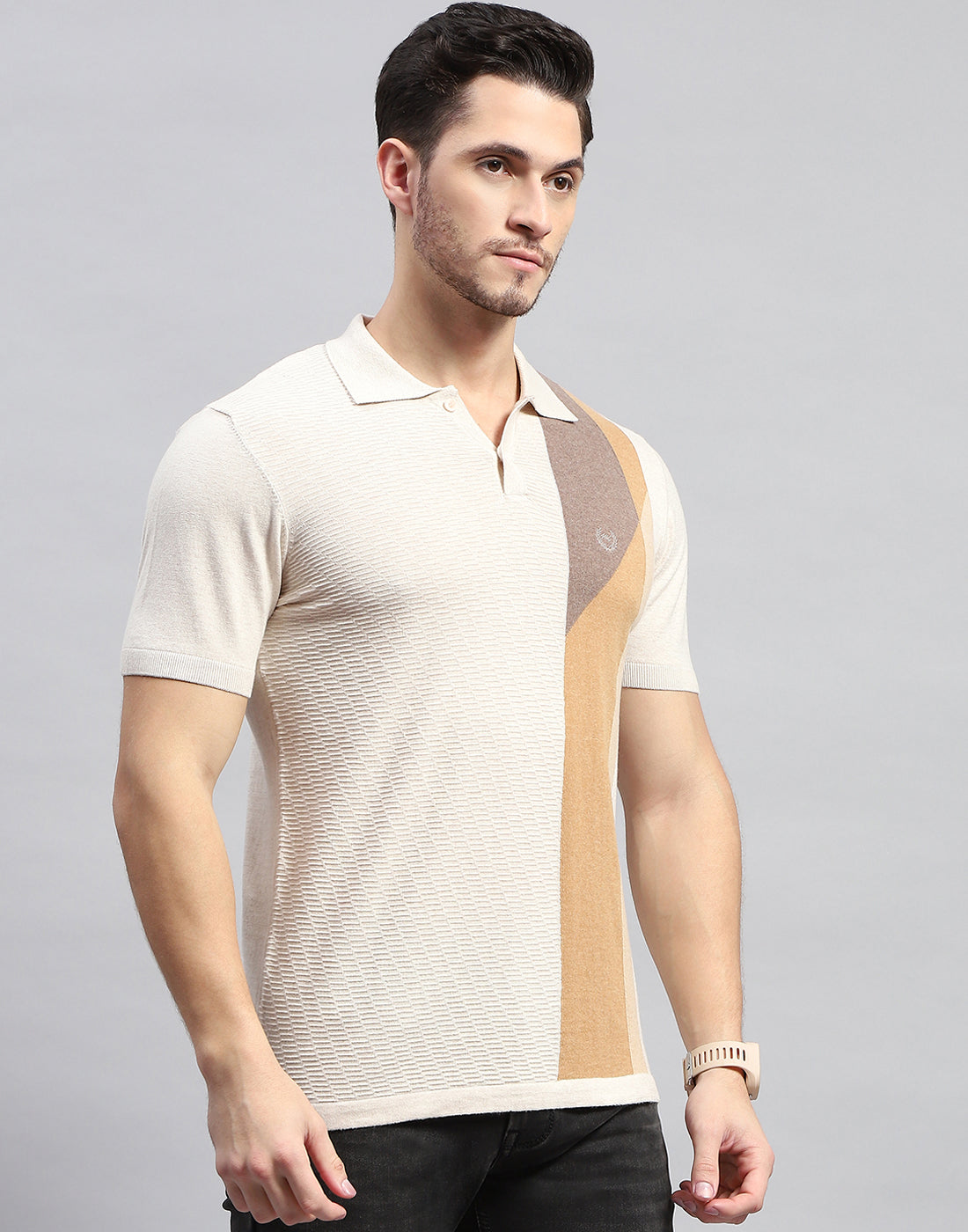 Men Beige Stripe Polo Collar Half Sleeve T-Shirt