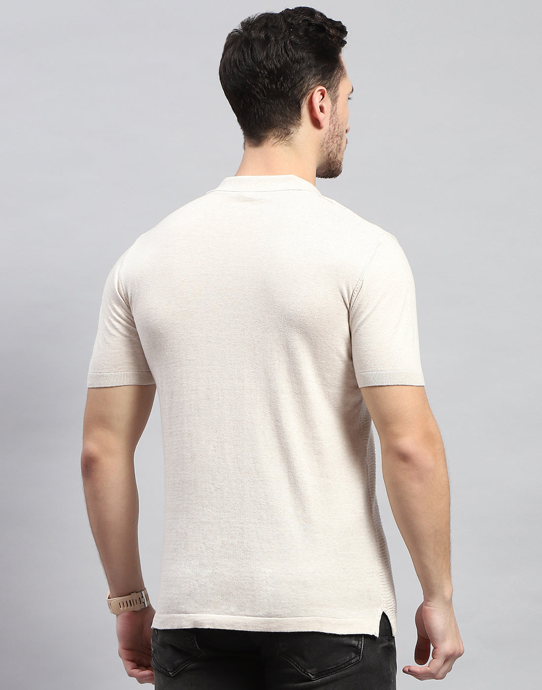 Men Beige Stripe Polo Collar Half Sleeve T-Shirt