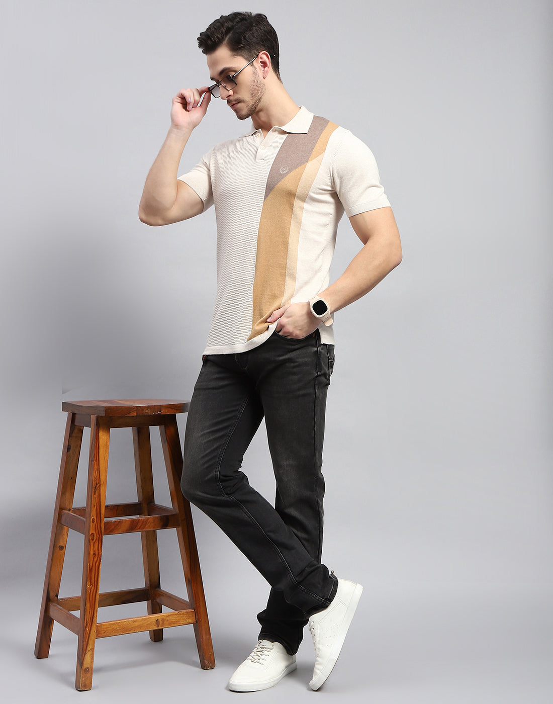 Men Beige Stripe Polo Collar Half Sleeve T-Shirt
