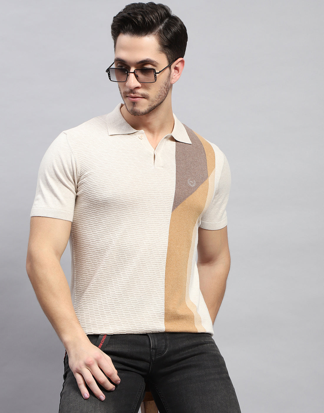 Men Beige Stripe Polo Collar Half Sleeve T-Shirt