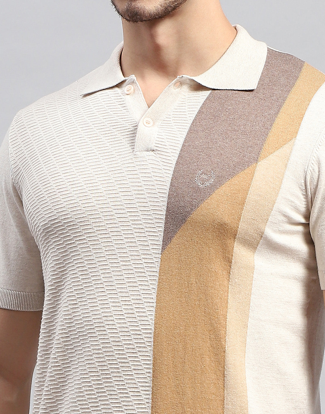 Men Beige Stripe Polo Collar Half Sleeve T-Shirt