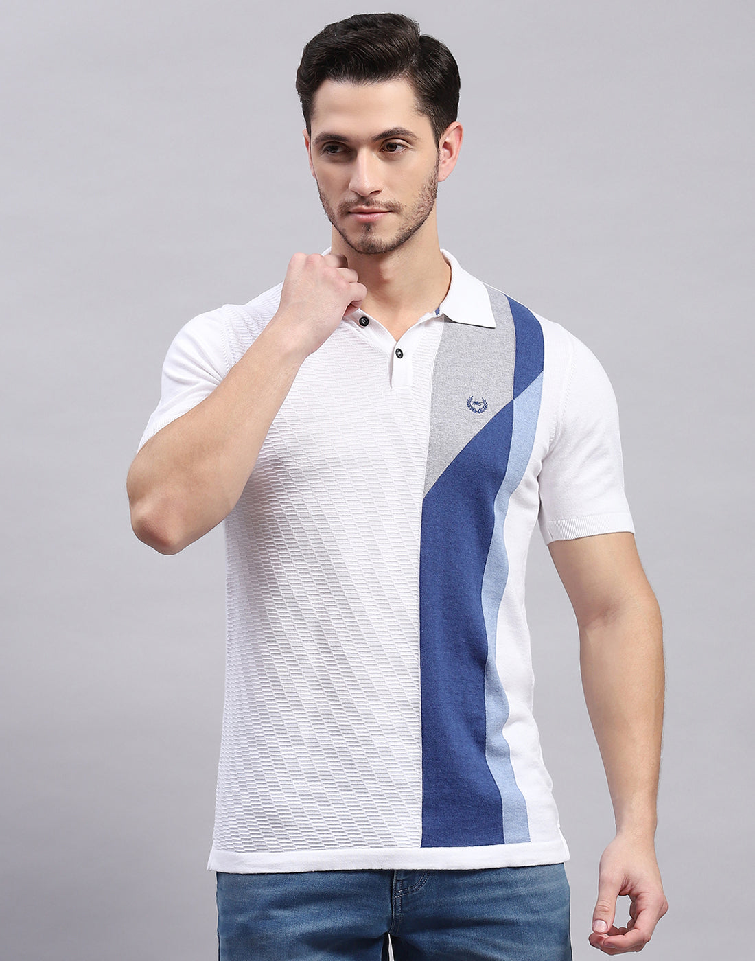Men White Stripe Polo Collar Half Sleeve T-Shirt