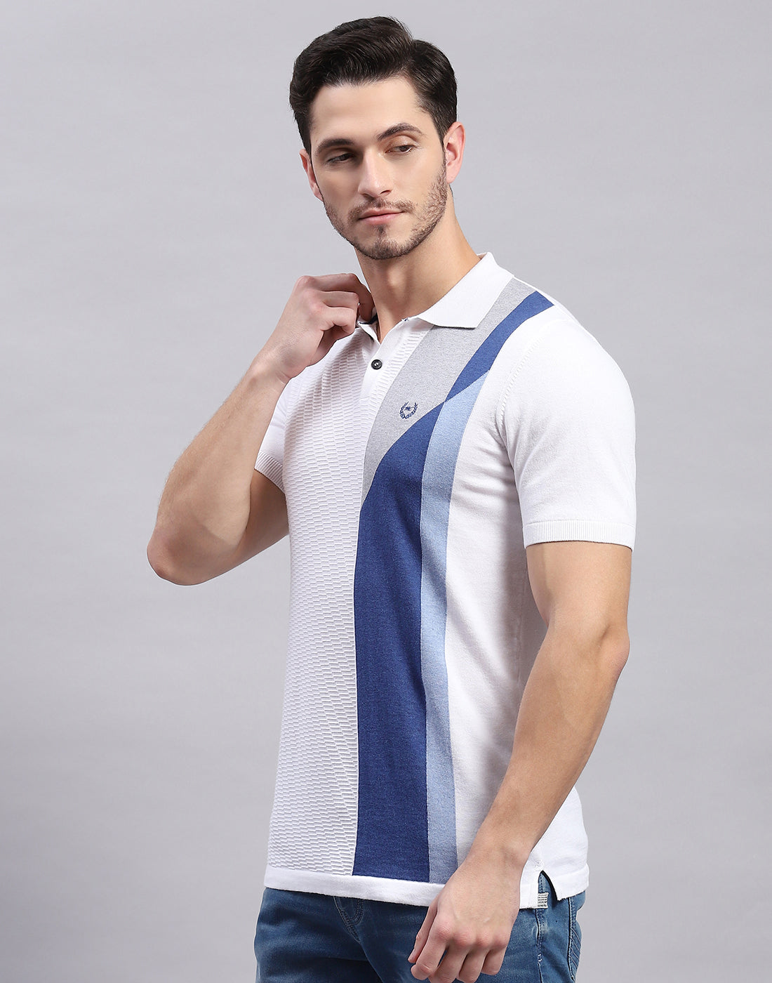 Men White Stripe Polo Collar Half Sleeve T-Shirt