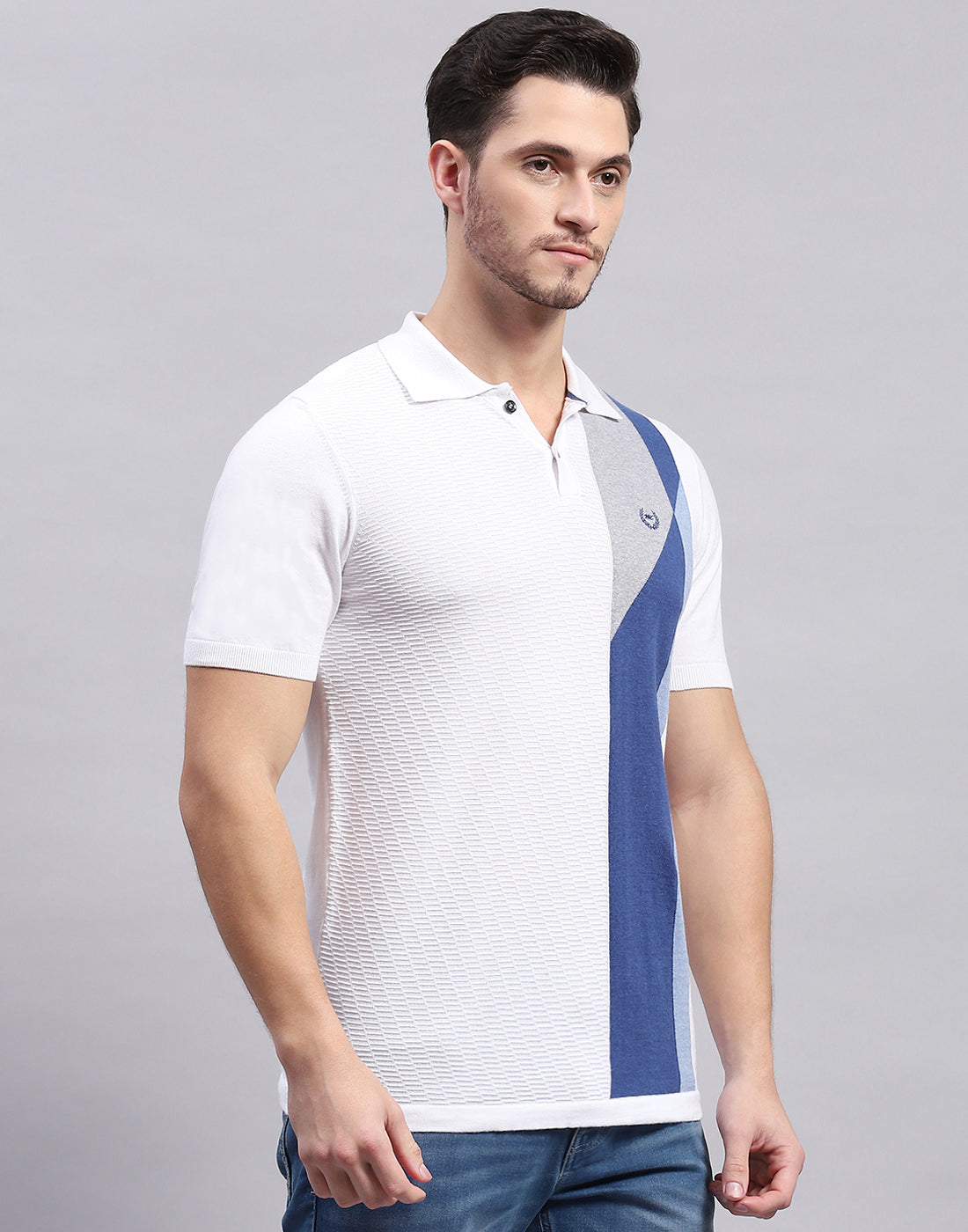 Men White Stripe Polo Collar Half Sleeve T-Shirt