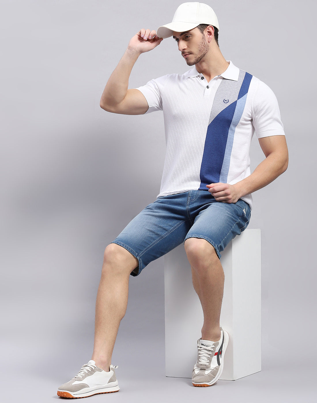 Men White Stripe Polo Collar Half Sleeve T-Shirt