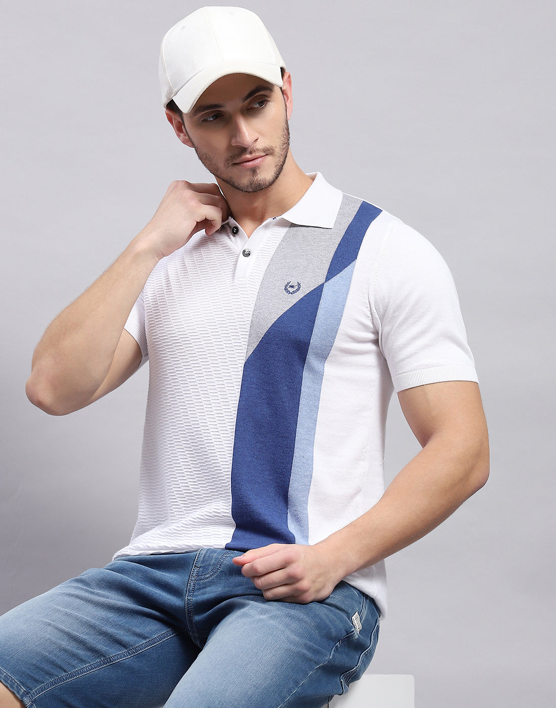 Men White Stripe Polo Collar Half Sleeve T-Shirt