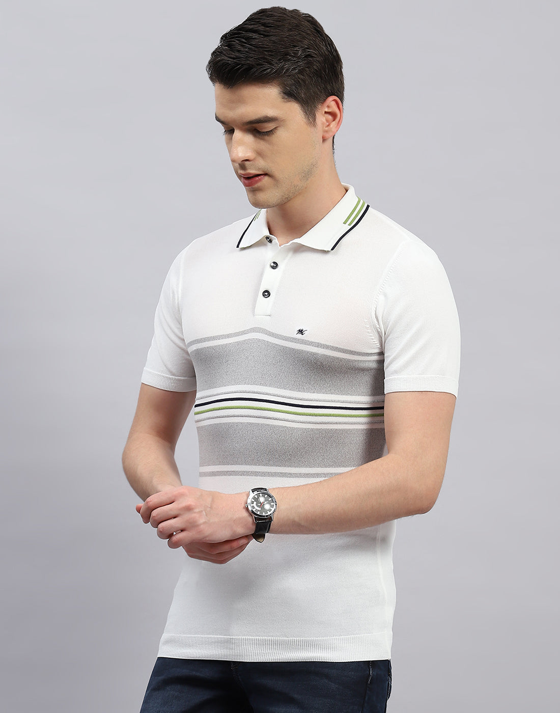 Men White Stripe Polo Collar Half Sleeve T-Shirt