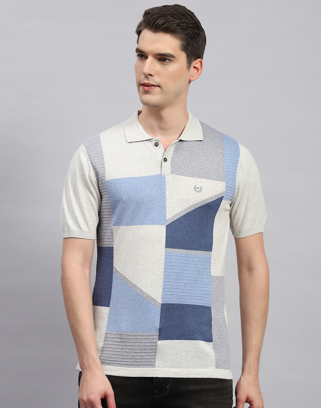 Men Beige Stripe Polo Collar Half Sleeve T-Shirt