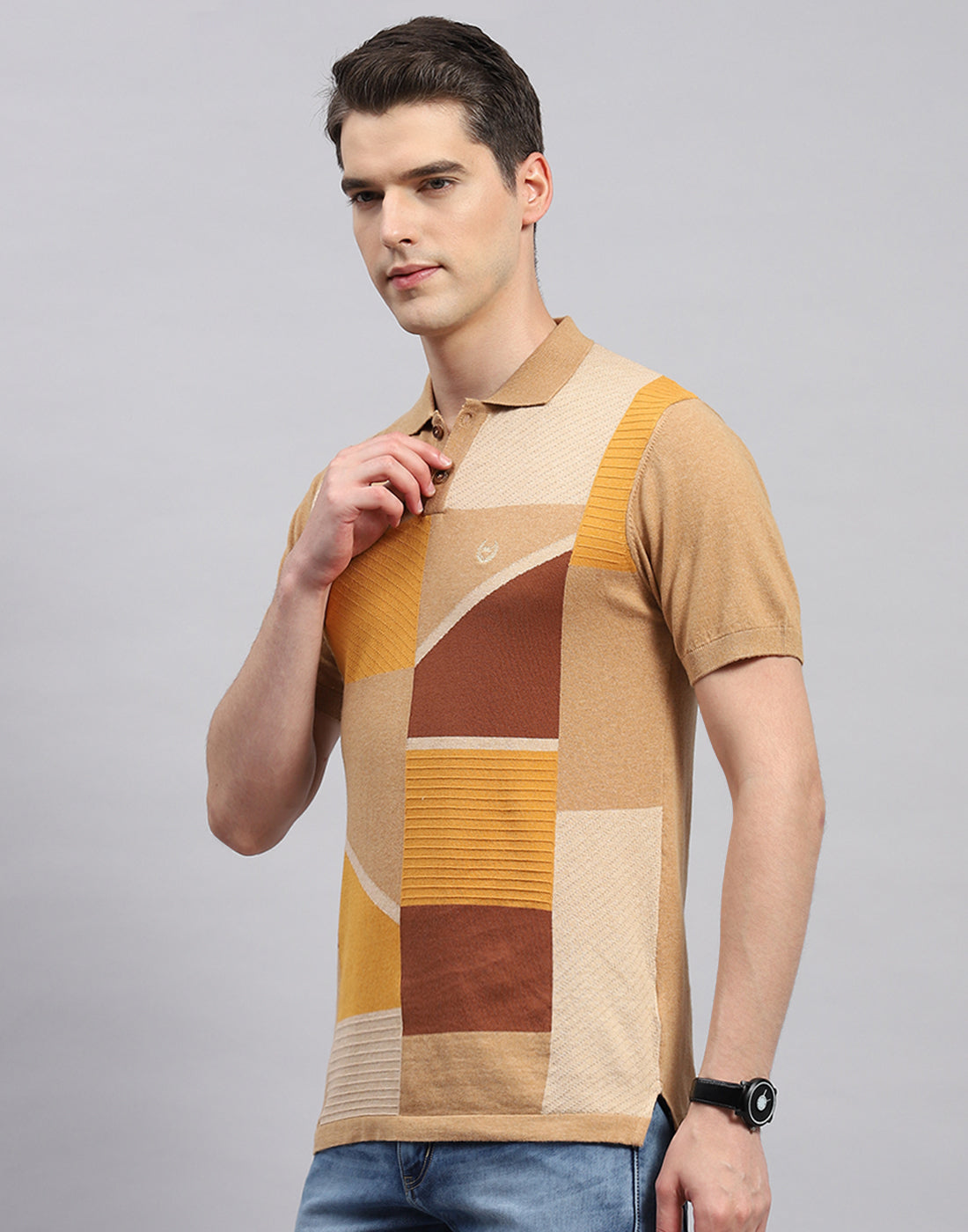 Men Camel Brown Stripe Polo Collar Half Sleeve T-Shirt