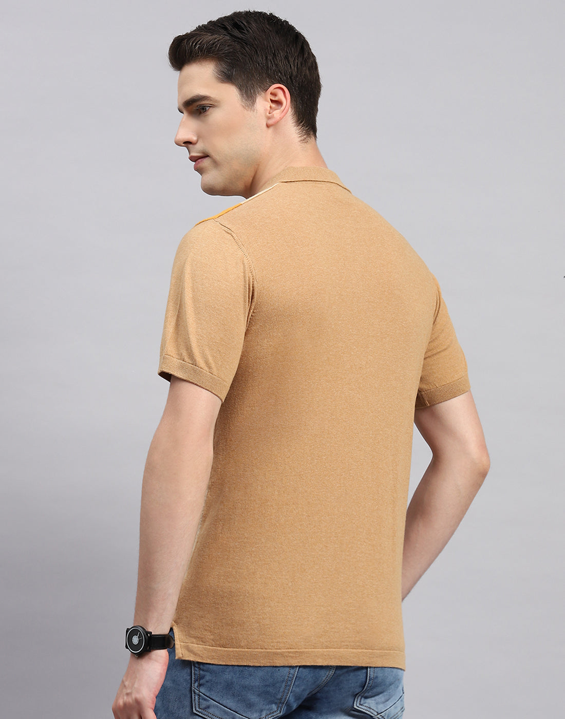 Men Camel Brown Stripe Polo Collar Half Sleeve T-Shirt
