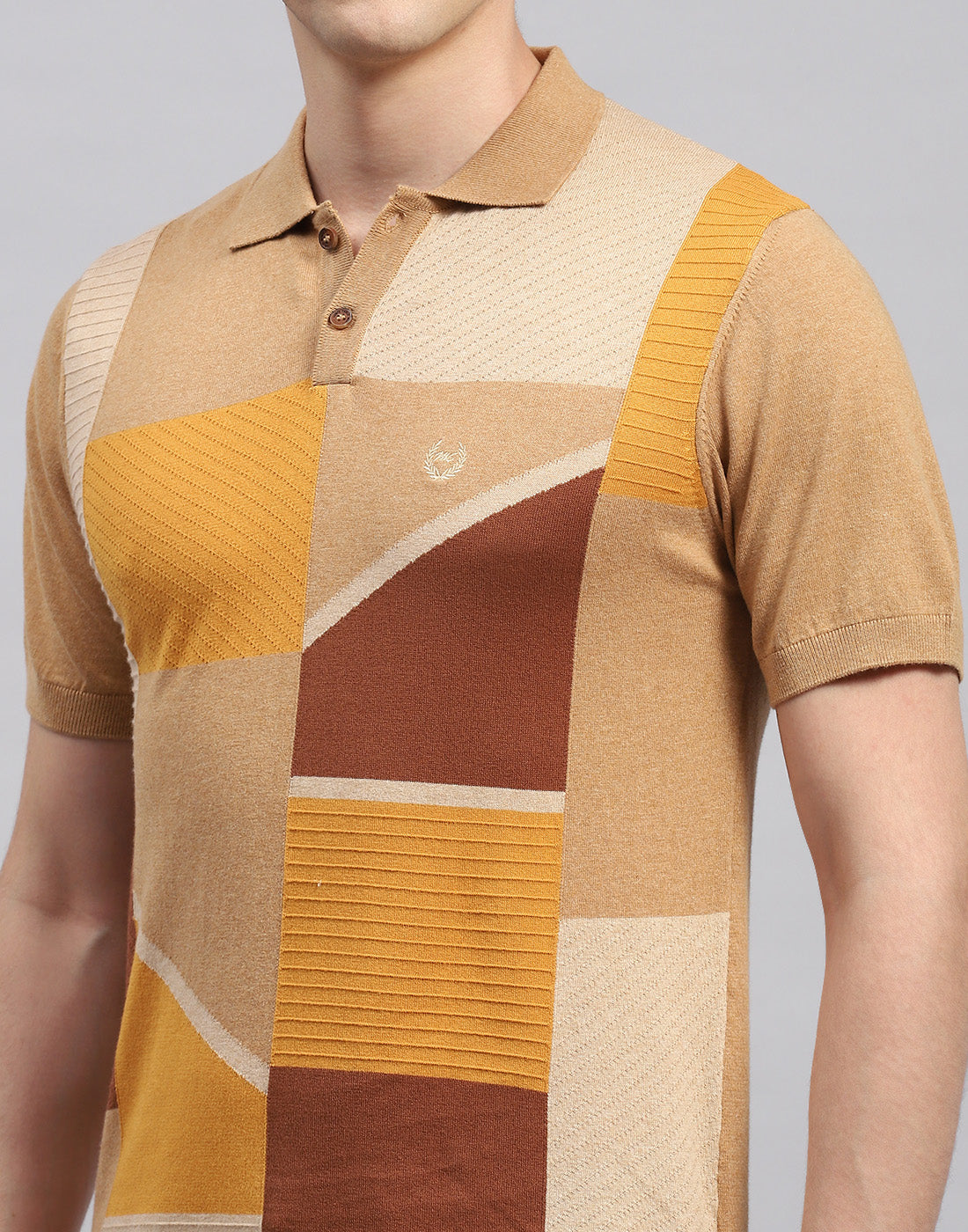 Men Camel Brown Stripe Polo Collar Half Sleeve T-Shirt