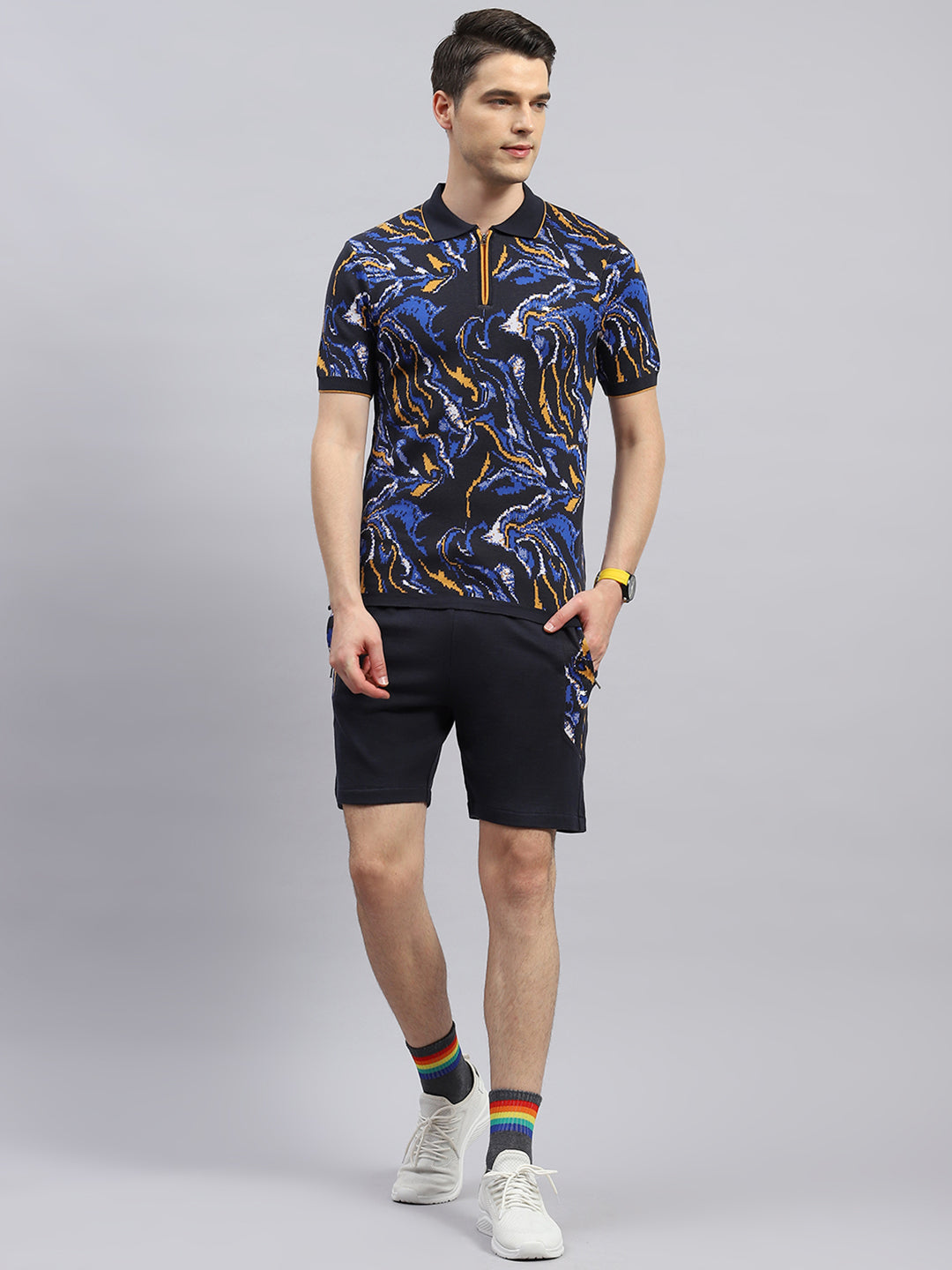 Men Navy Blue Printed Regular Fit Bermuda Set