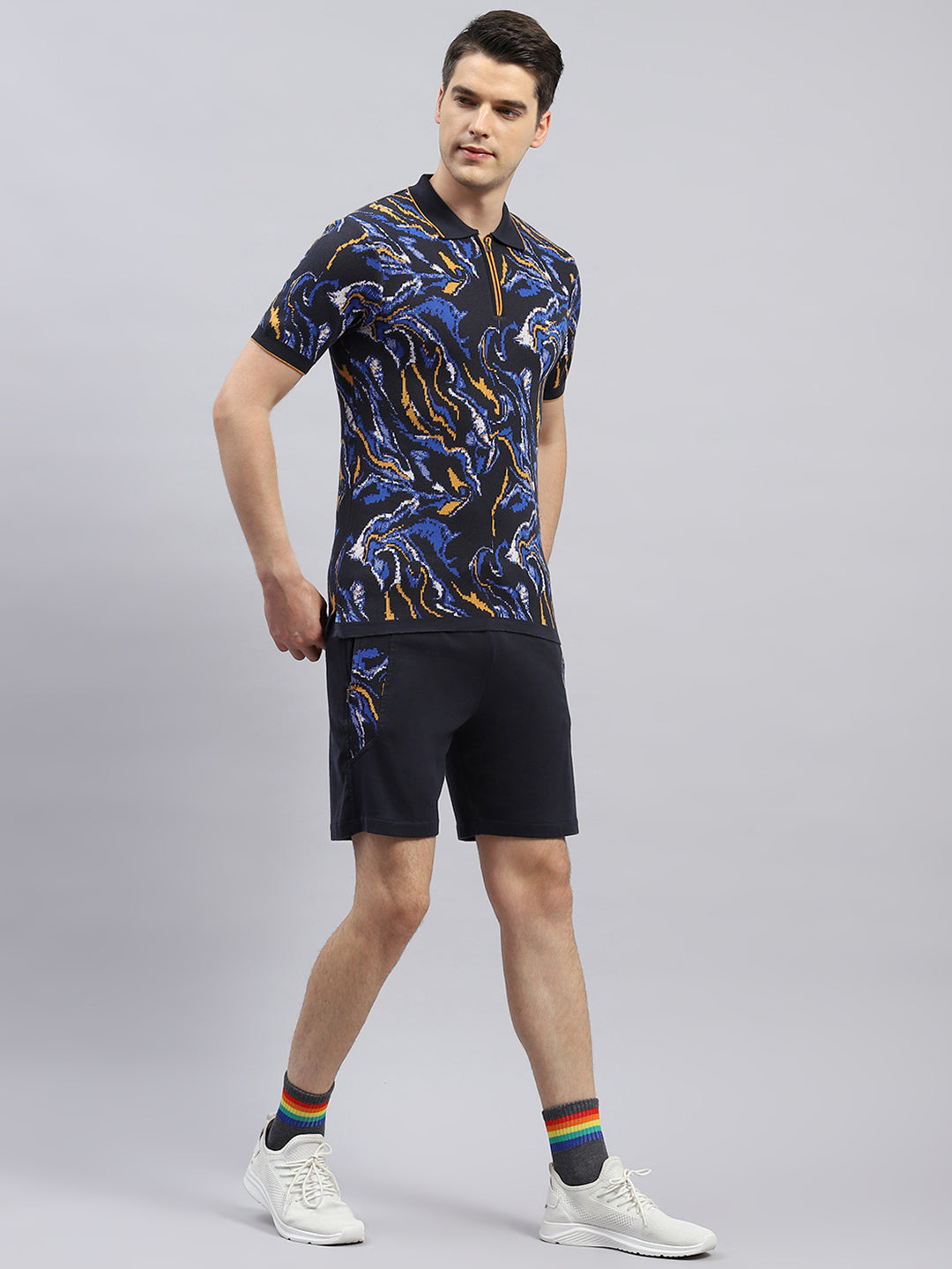 Men Navy Blue Printed Regular Fit Bermuda Set