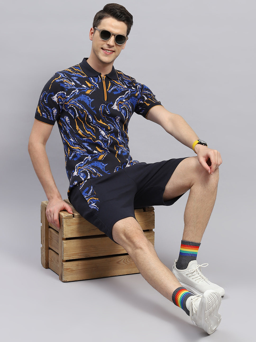 Men Navy Blue Printed Regular Fit Bermuda Set