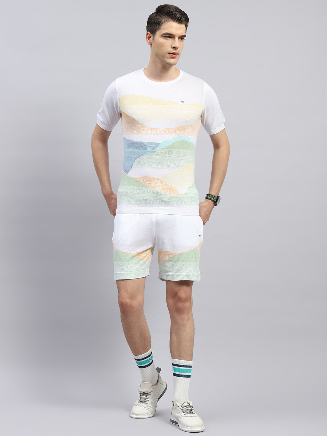 Men White Printed Regular Fit Bermuda Set