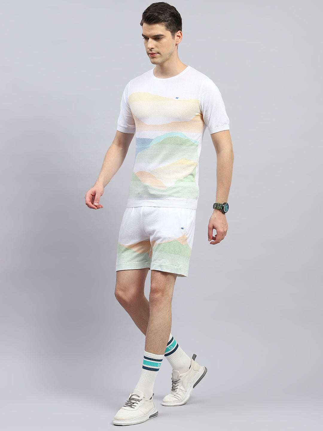 Men White Printed Regular Fit Bermuda Set