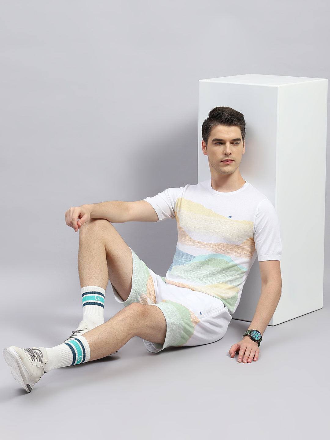 Men White Printed Regular Fit Bermuda Set