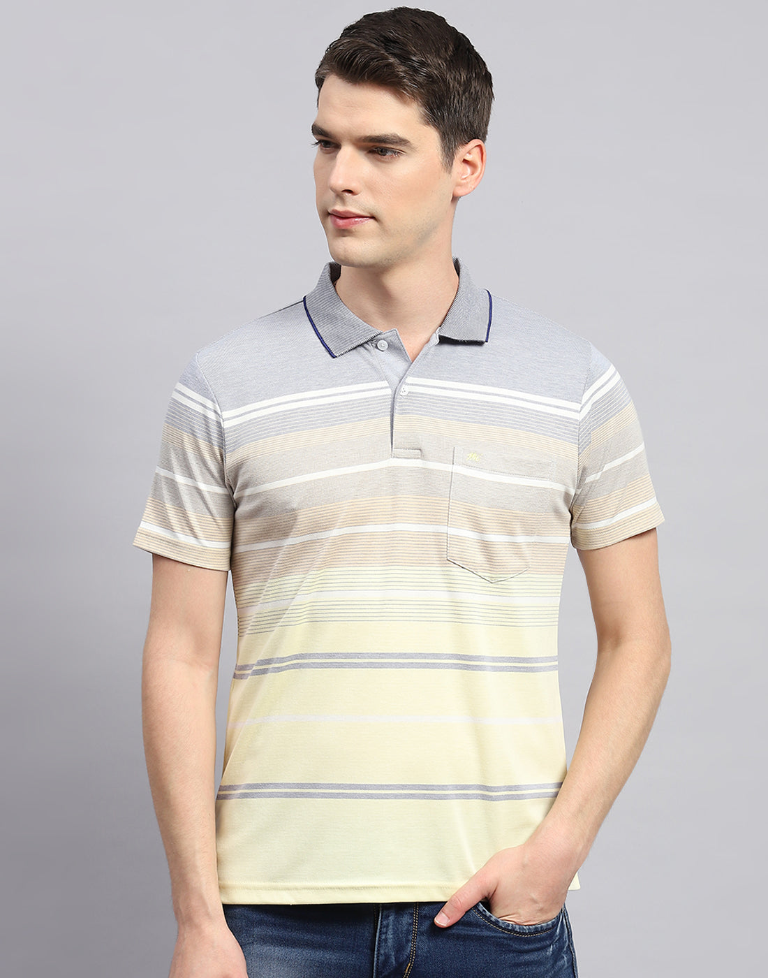 Men Yellow Stripe Collar Neck Half Sleeve T-Shirt