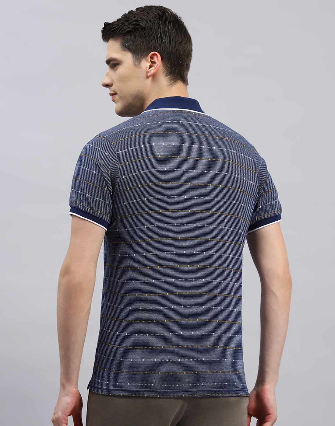 Men Navy Blue Stripe Polo Collar Half Sleeve T-Shirt